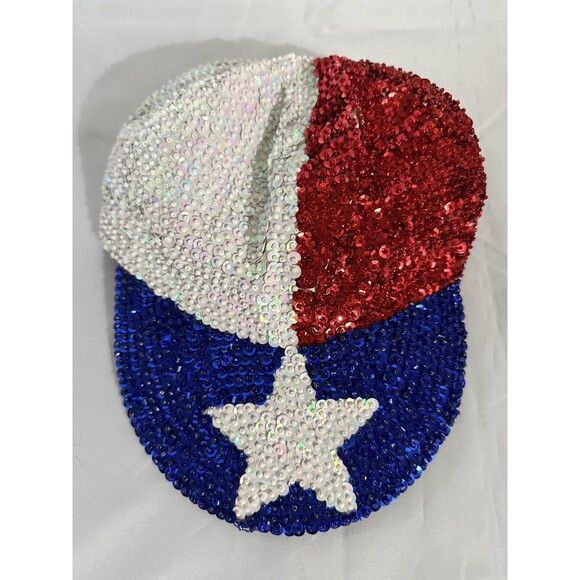 Go Glittery Vintage Red White Blue USA Flag Patriotic Sequin Baseball Cap Hat - Picture 6 of 7